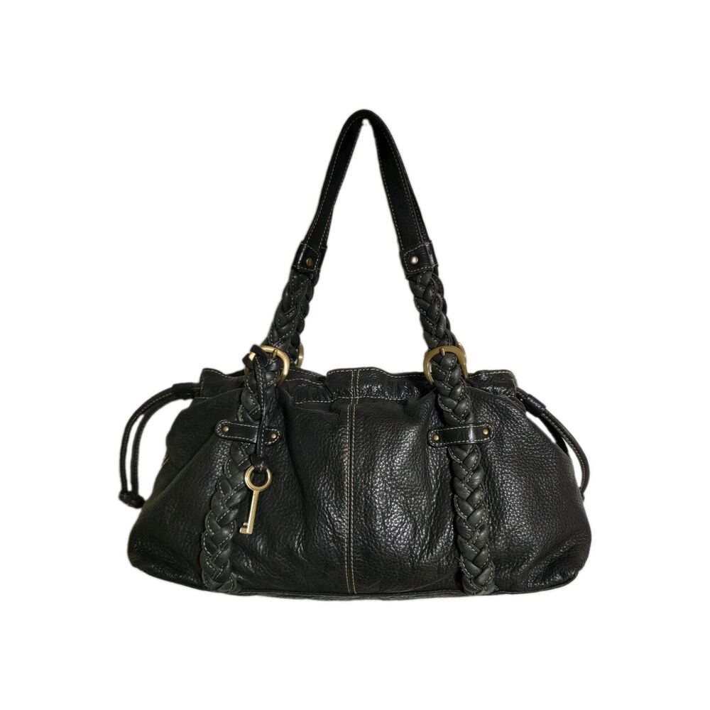 Fossil Large Shoulder Bag Black Pebbled Leather Braided Handle